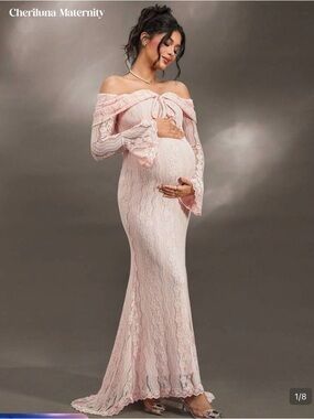 SHEIN Pink Off-Shoulder Lace Maternity Maxi Dress